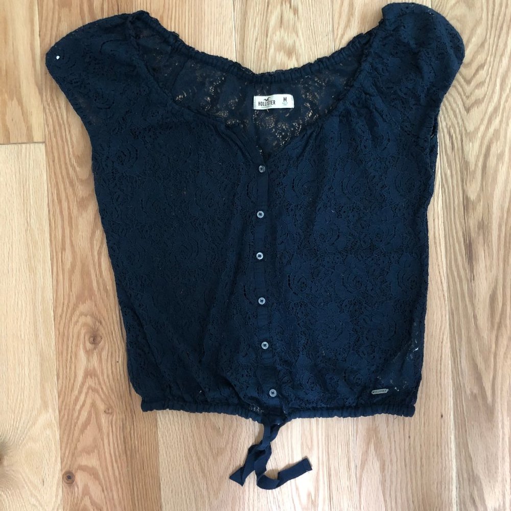 Hollister Navy Blue Button Down Lace Crop Top